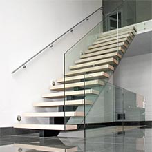 Straight Staircase With Stainless Steel Railing And Glass Steps Wood Treads Straight Staircase 