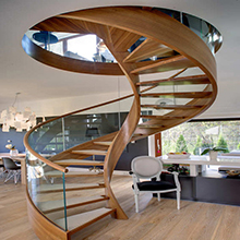 Customized double stringer wood treads glass curved stairs