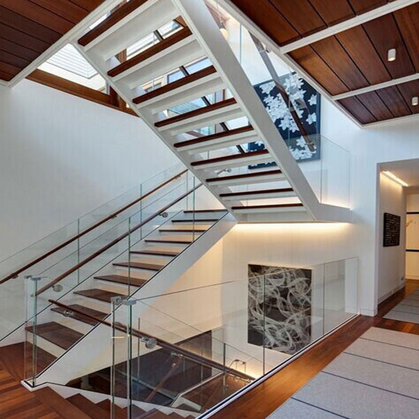 J Modern design double stringer staircase glass staircase