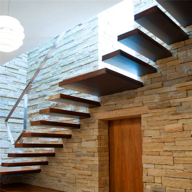 J-steel stringer glass railing floating wood tread interior staircase 