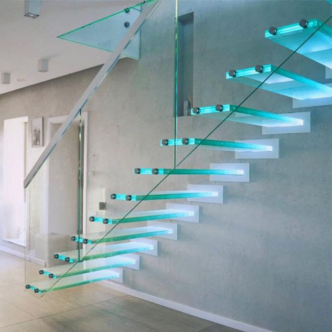 J-enter wall type stair with glass step wood treads 