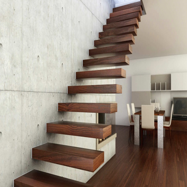 J- Tempered Glass Balustrade Floating Wood Staircase Design 