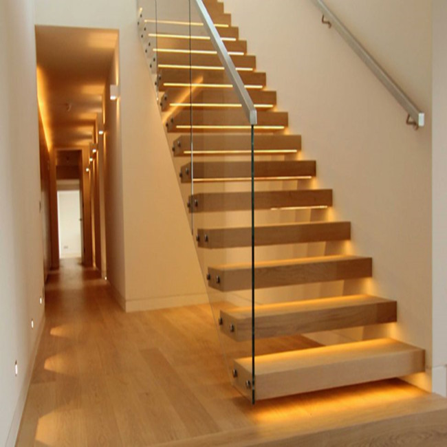 J-flush mounting steel stringer glass railing floating wood tread interior staircase