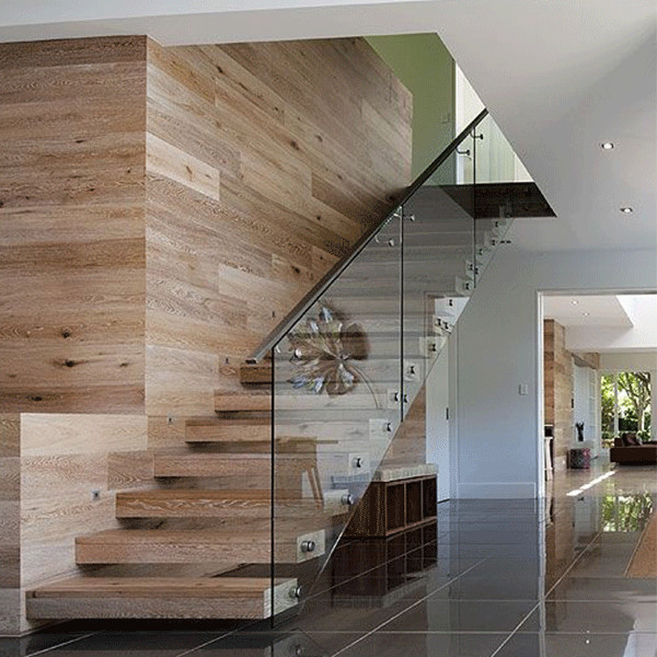 J- New Design Wood Floating stairs with glass balustrade 