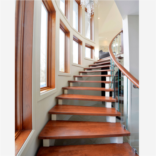 J- interior attic wooden tread glass railing wrought iron steel curved staircase 