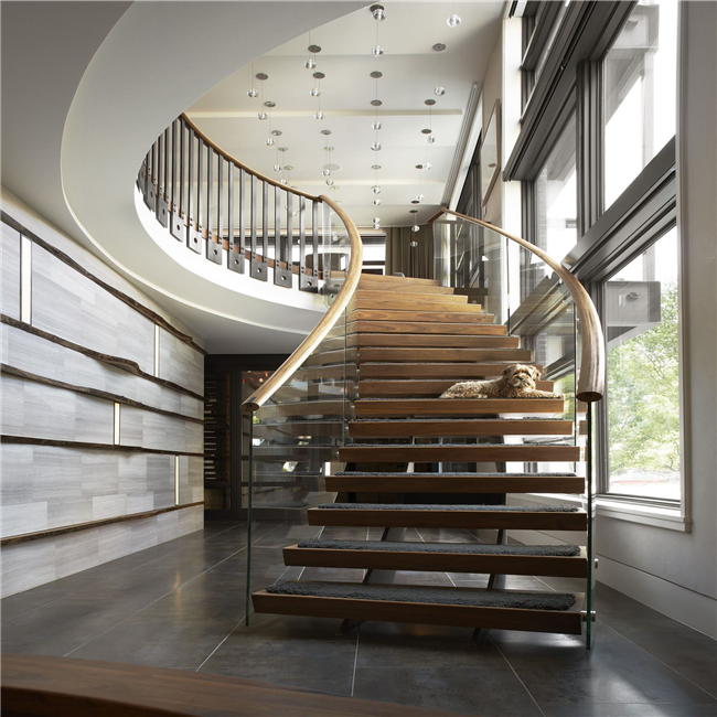 J-Home interior residential steel wood beam curved stairs