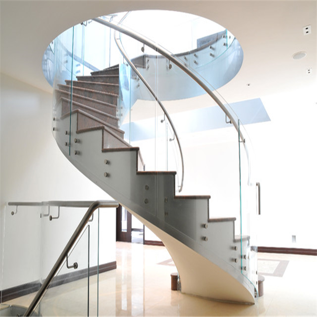 J-Oak solid wooden treads curved stair glass railings