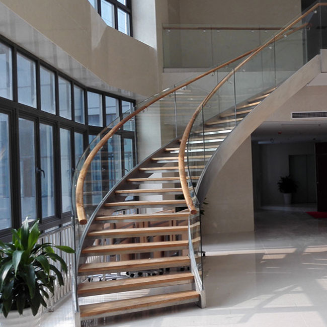 J-New interior solid wood staircase designs curved stringer glass stairs 