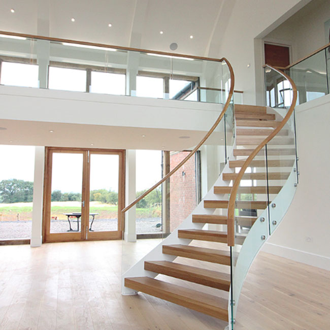 J- wood step glass rails curved Staircase 