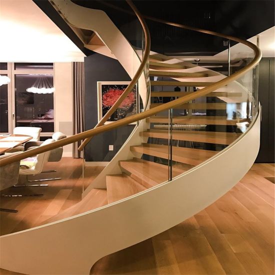 J-frameless Glass Railing Satin and Mirror Steel Curved Staircase