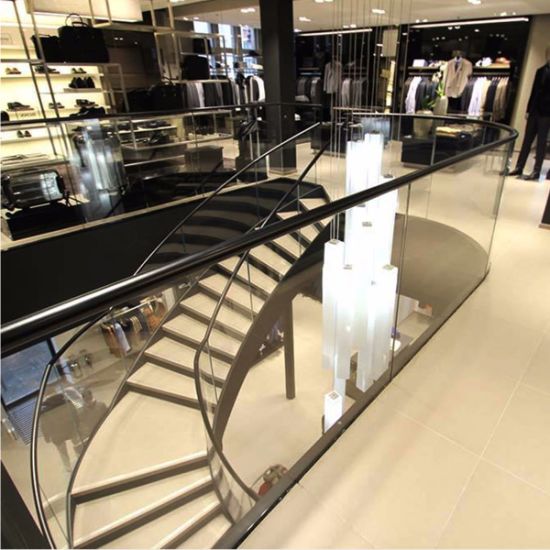 J-Wooden Handrail Stainless Steel Handrail Curved Glass Staircase 